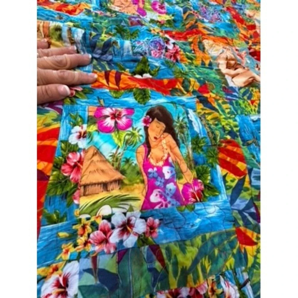 Hawaiian Tropical Hula Girl Surf Patchwork Quilt Multicolor 66x66 Square Bedding